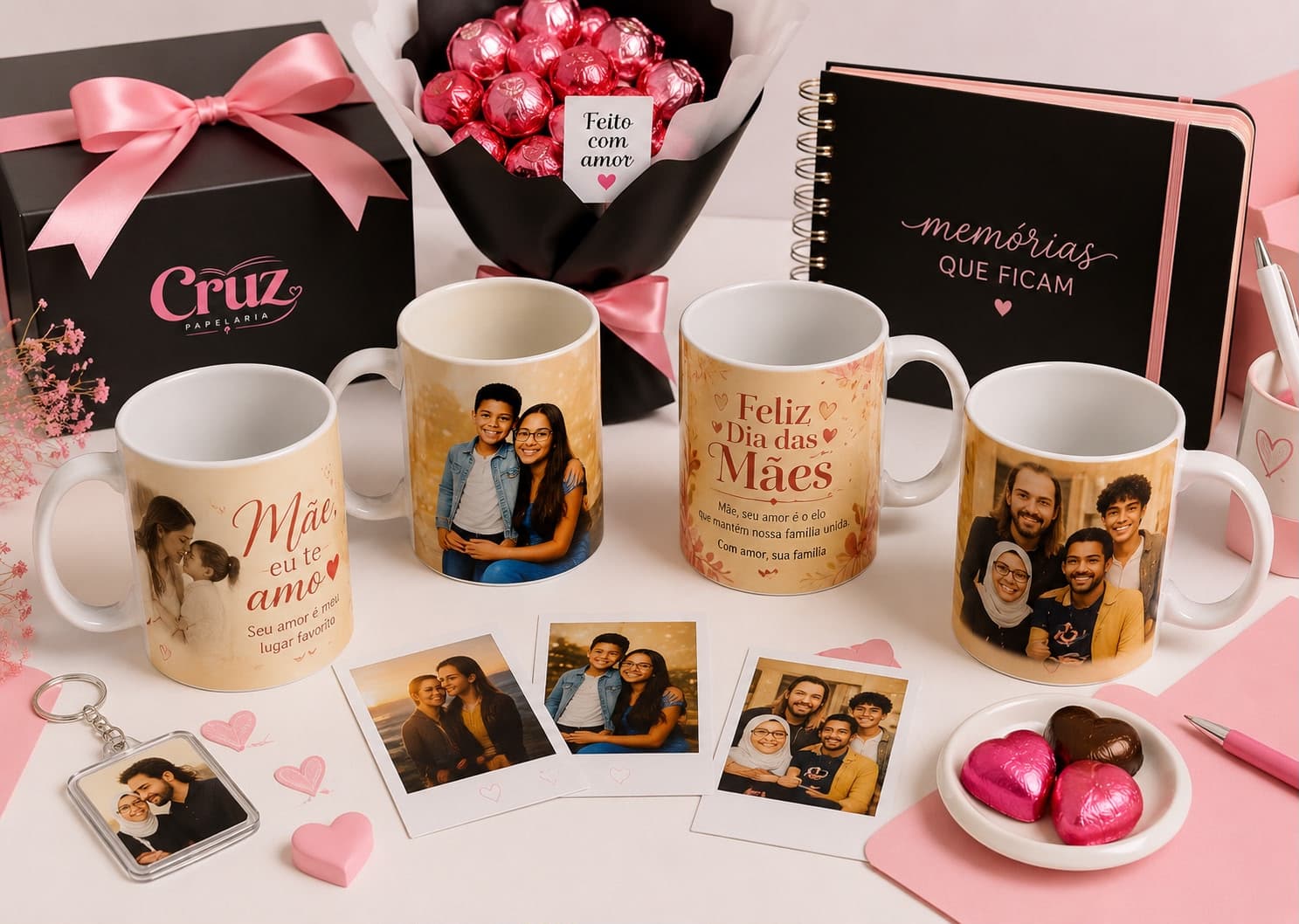 Produtos da Cruz Papelaria — canecas, chaveiro, polaroides, buquê e caixa personalizada